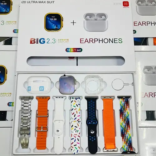 20 Ultra Max Suit Smartwatch 10-in-1 Box – 2.3-inch Large Display With 7 Mixed Color Straps And Airpods 2 – Complete Smart Combo Set For Men And Women