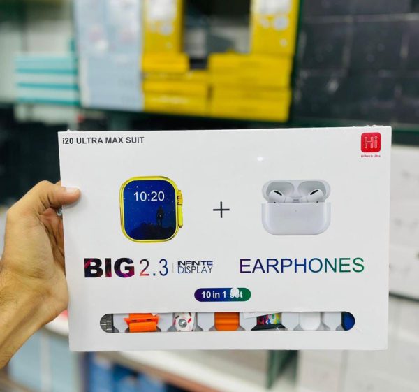 20 Ultra Max Suit Smartwatch 10-in-1 Box – 2.3-inch Large Display With 7 Mixed Color Straps And Airpods 2 – Complete Smart Combo Set For Men And Women