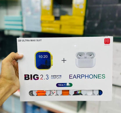 20 Ultra Max Suit Smartwatch 10-in-1 Box – 2.3-inch Large Display With 7 Mixed Color Straps And Airpods 2 – Complete Smart Combo Set For Men And Women