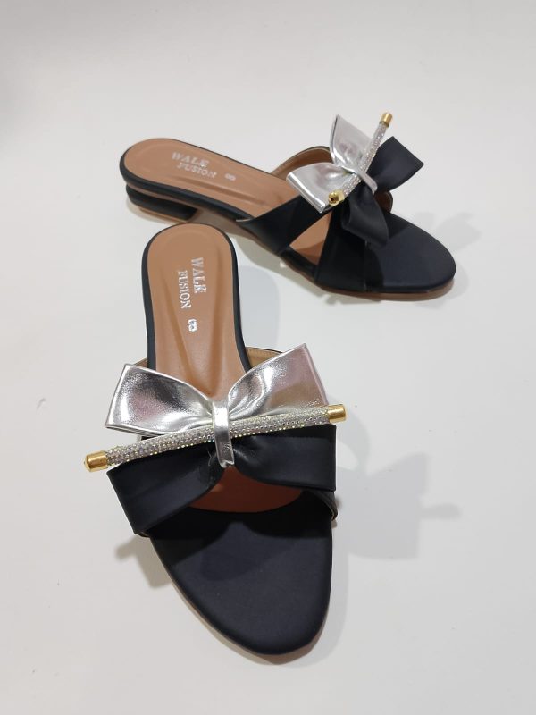 New Fashion New Design Black Bow Slide Sandals With Crystal Accent For Women